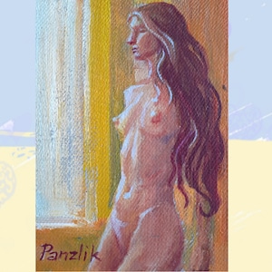 Femmes nues peignant une carte ACEO Art original Mini peinture à l'huile cartes faites maison Artistes ukrainiens