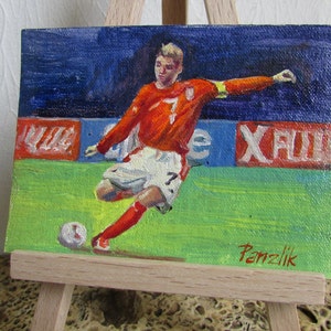 Retrato de jugador de fútbol Pintura de fútbol Tarjetas de arte Aceo Óleo original Arte en lienzo Pintura en miniatura Pintor UA Tarjeta de arte de regalo