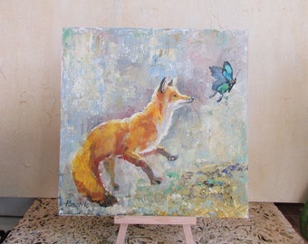 Petit renard, petite peinture à l'huile originale, cadeaux de chasse amusants d'artistes ukrainiens, art à l'huile coloré