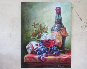 Grape wine painting Kitchen still life small oil painting on canvas Colorful oil art fruit painting aesthetic wall art interior painting