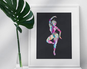 May include: A colorful watercolor illustration of a dancer in a pose on a black background. The dancer is wearing a colorful outfit and jewelry.