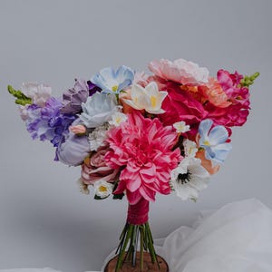 Colorful Wedding Bouquet with Artificial Flowers/Bright Pink/Purple/Light Blue/Fuchsia/White Floral Arrangement/Spring Summer Bridal Bouquet