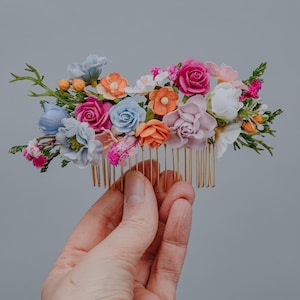 Colorful Floral Hair Clip/Tropical Summer Wedding Hair Accessory Blush, Orange,Pink Flower comb/Boho Hairpiece for Bride,Bridesmaids,Girls