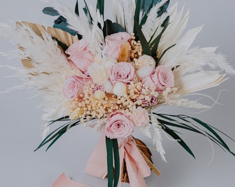 Rosa und Grüner Brautstrauß / Getrockneter und konservierter rustikaler Brautstrauß / Rosa Blumenstrauß / Klassischer Blumenstrauß / Boho-Hochzeitsblumen /