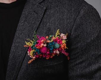 Jewel tone Yelow Teal Pink Pocket Boutonniere/Colorful Floral Wedding boutonniere/Groom Floral Accessory/Dried Flowers Pocket Square/