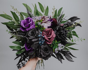 Black and Purple Bouquet/Gothic Wedding Flowers/Dark Bridal Bouquet/Cascading faux flowers/Fall bridal bouquet/Wedding Halloween/Moody