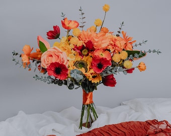 Sommer Frühling Hochzeit Kunstblumen Blumenstrauß,Orange und Rote Blumen mit Sonnenblume und Mohn