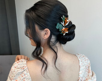 Rustic White and Terracotta gypsophila wedding/Eucalyptus Dried flower hair pins/Boho Bridal hair clips/hair accessory floral/Fall wedding/