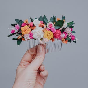 Fuchsia Orange Hair Comb/Tropical Wedding Hairpiece/Summer Bridal Hair Accessory/Hot pink Yellow Flower Comb/Colorful Beach Wedding Clip