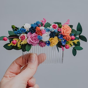 Orange Yellow Blue Fuchsia Floral Hair Comb/Summer Wedding Hairpiece/Colorful Bridal Hair Accessory/  Flowers/Boho Wedding Comb/Vibrant