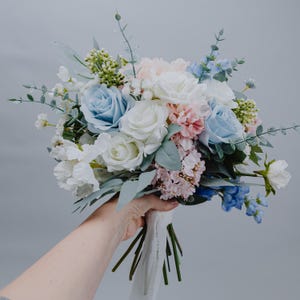 Dusty Blue White Blush Pink Wedding Bouquet/Artificial Spring Bridal Flowers/Light Blue Bridesmaid Bouquet /Pastel Faux Flower Arrangement