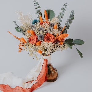 Thristle Dusty blue and Terracotta preserved roses bouquet/Rustic bouquet/Preserved Burnt orange bouquet/Bridal flowers/Bridesmaids bouquet/