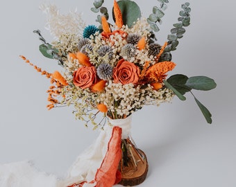 Thristle Dusty blue and Terracotta preserved roses bouquet/Rustic bouquet/Preserved Burnt orange bouquet/Bridal flowers/Bridesmaids bouquet/