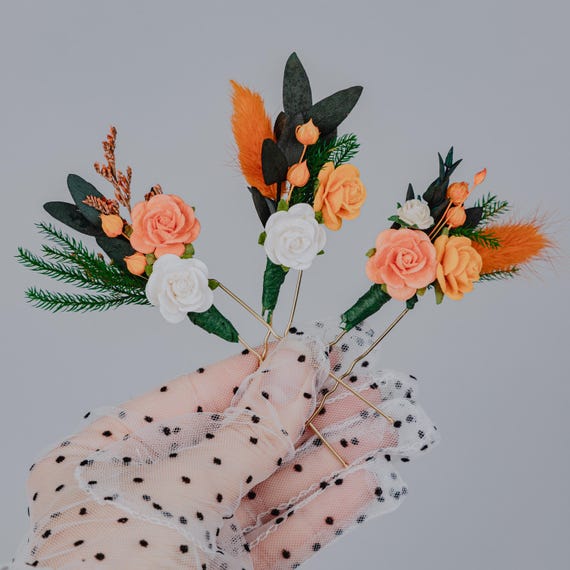 Burnt Orange and White Hair Pins/autumn Flower Wedding  display picture 1