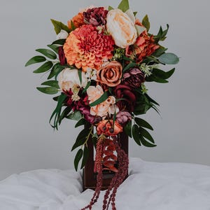 Burgundy Orange and Peach Cascading Bouquet/Fall bouquet/Terracotta bridal bouquet/Faux bouquet/ Boho Wedding flowers Cascade bouquet/