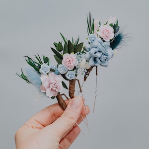 Blush Pink,Dusty Blue Flower Hair Pins/Bridal Hair Accessories /Floral Hair Pins for Brides, Bridesmaids or Flower Girls/Wedding Hair Set