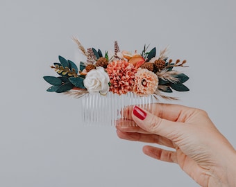 Terracotta Boho Chic Floral Hair Comb/Fall Wedding Hair Accessory/Rustic hair comb/Brown Orange with Dried Flowers/Eucalyptushair comb