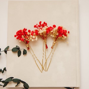 Rustic White and red gypsophila wedding/fall Dried flower hair pins/ Boho Bridal hair clips/hair accessory floral/hair clip/Boho Wedding/