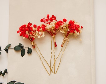 Rustic White and red gypsophila wedding/fall Dried flower hair pins/ Boho Bridal hair clips/hair accessory floral/hair clip/Boho Wedding/