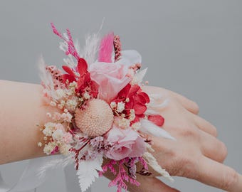 Blush Pink Fuchsia Hot pink  Dried Flower Wrist Corsage/Floral Bracelet/Prom Wrist Flowers/Wedding Corsage/Bright Floral Wristband/