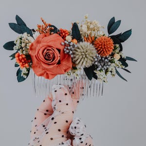 Rustic Terracotta and Dusty Blue Preserved Rose HairComb/Thistle Bridal Hair Accessory/Burnt Orange Wedding Comb/Bridesmaid Floral Hairpiece