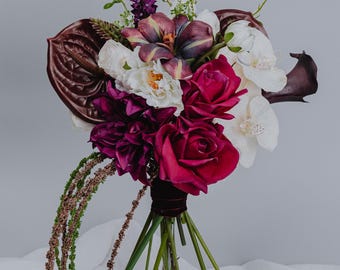 Burgundy Calla & Anthurium Bridal Bouquet/ Long Amaranth bouquet/real touch flowers