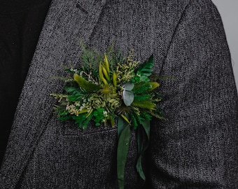 Greenery Pocket Boutonniere/Dried Flowers for Groom/Forest Green Wedding Lapel Pin/Unique Pocket Flower Arrangement for Men/Garden wedding