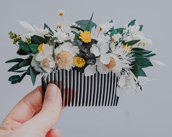 Bruidskam met kamille madeliefjes/haarstukje met gedroogde bloemen/boho-bruiloft haaraccessoire/witte en gele bloemenhaarkam/wilde bloemen