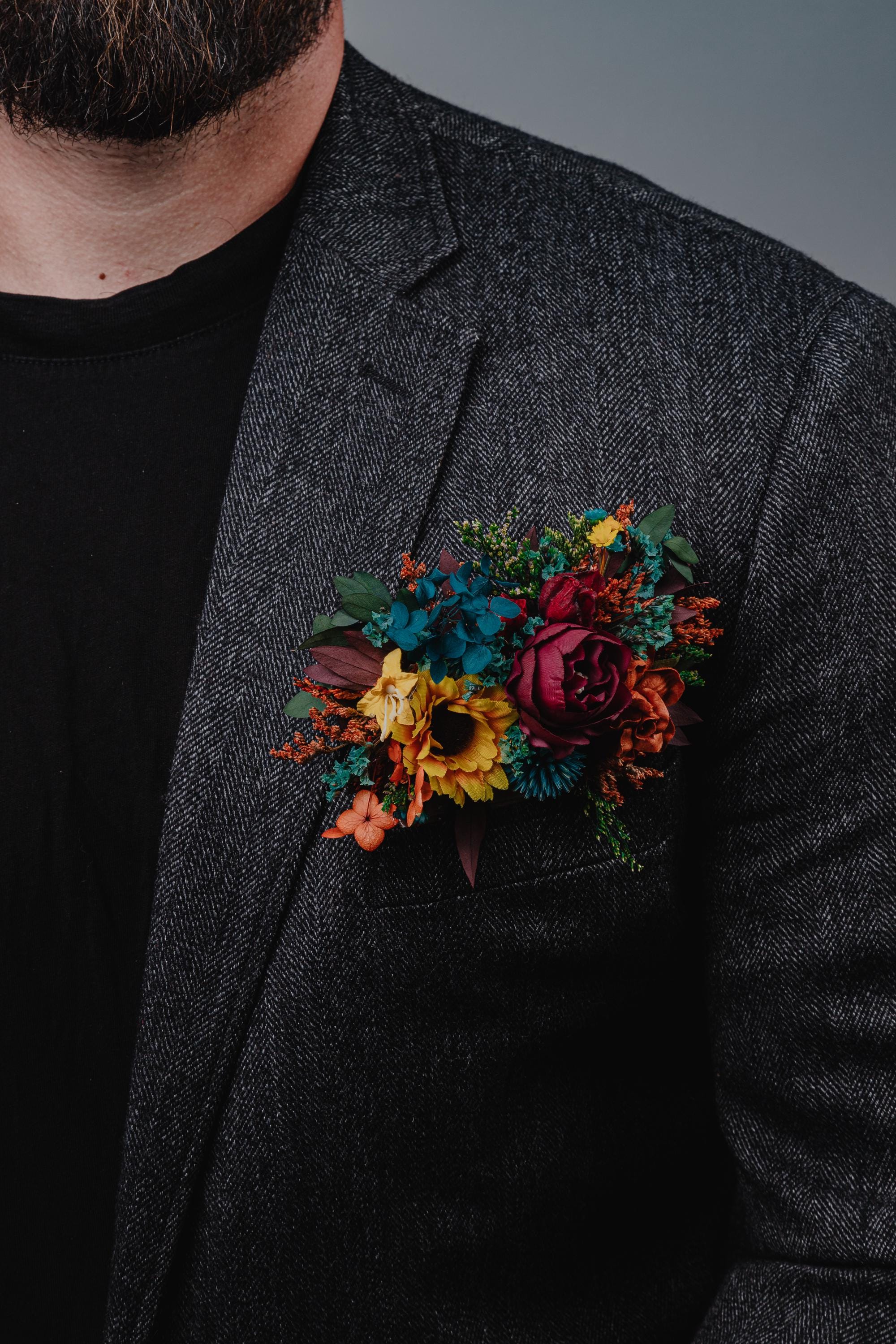 Teal Sunflower Pocket Boutonniere/Burnt Orange Fall boutonniere/Groom flowers/Pocket flower square/Autumn wedding/Groomsmen flowers