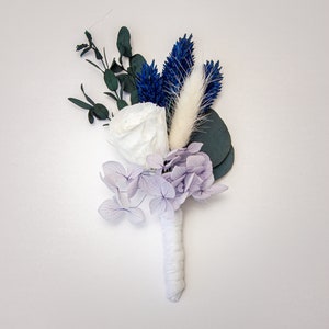 Navy blue/ White preserved Rose/ Hydrangea Eucalyptus boutonniere/ Rustic Boutonniere /Boho Wedding/ Mini Dried Flower Bouquet, Dried flower