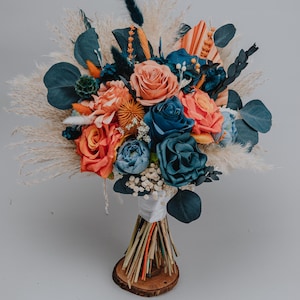 Teal and Burnt Orange Wedding Bouquet/Deep blue burnt orange bouquet/Boho Rustic Bridal Bouquet with Pampas Grass/Terracotta Bridesmaids