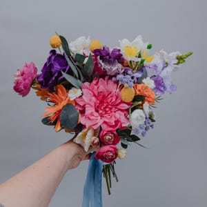 Bright Summer Wedding Bouquet/Vibrant Artificial Bridal Flowers with Fuchsia, Orange, Yellow, Blue, and Purple/Colorful Bouquet/