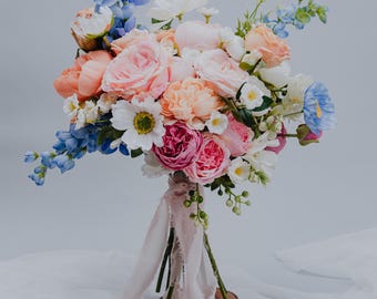 Peach Pink Blue Bridal Bouquet/Pastel Wedding Bouquet Artificial Spring Summer Flowers/Garden Boho Wedding colorful wildflowers Bouquet/