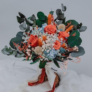 Terracotta Dried Bouquet with Blue and Pink Accents/Dried Flower Bridal Bouquet with Preserved Eucalyptus/Burnt orange Boho Wedding Flowers