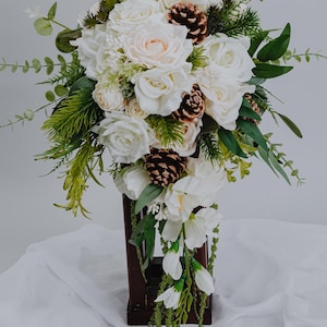 Winter Cascading Bridal Bouquet with Pinecones White Roses and Greenery/Rustic Artificial Wedding Flowers/Winter wedding/Forest bouquet
