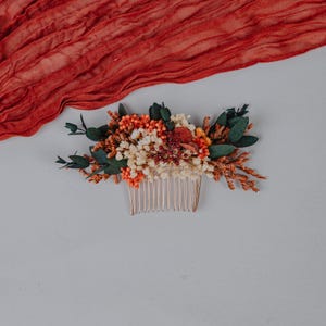 Terracotta Dried Flower Hair Comb with Eucalyptus Baby&#39;s Breath/Fall Wedding Hair Accessory/Rustic hair comb/Brown Orange with Dried Flowers