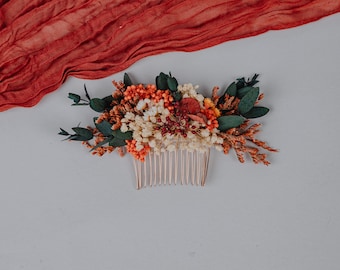 Terracotta Dried Flower Hair Comb with Eucalyptus Baby's Breath/Fall Wedding Hair Accessory/Rustic hair comb/Brown Orange with Dried Flowers