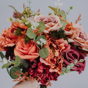 Terracotta and Burgundy Wedding Bouquet/Fall Bridal Bouquet/Burnt Orange Artificial Flowers/Autumn Wedding Decor/Brown bouquet/Faux bouquet