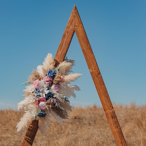 Dusty Blue and Pink Wedding Arch Flowers/Boho Triangle Arch Flower/Pampas Grass Wedding Decor/Faux Floral Backdrop/Barrel flower arrangement