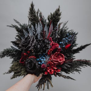 Black and Burgundy Gothic Wedding Bouquet/Faux and Dried  flowers bouquet/Dark Alternative Bridal Bouquet with Blue Accents/Pampas bouquet/