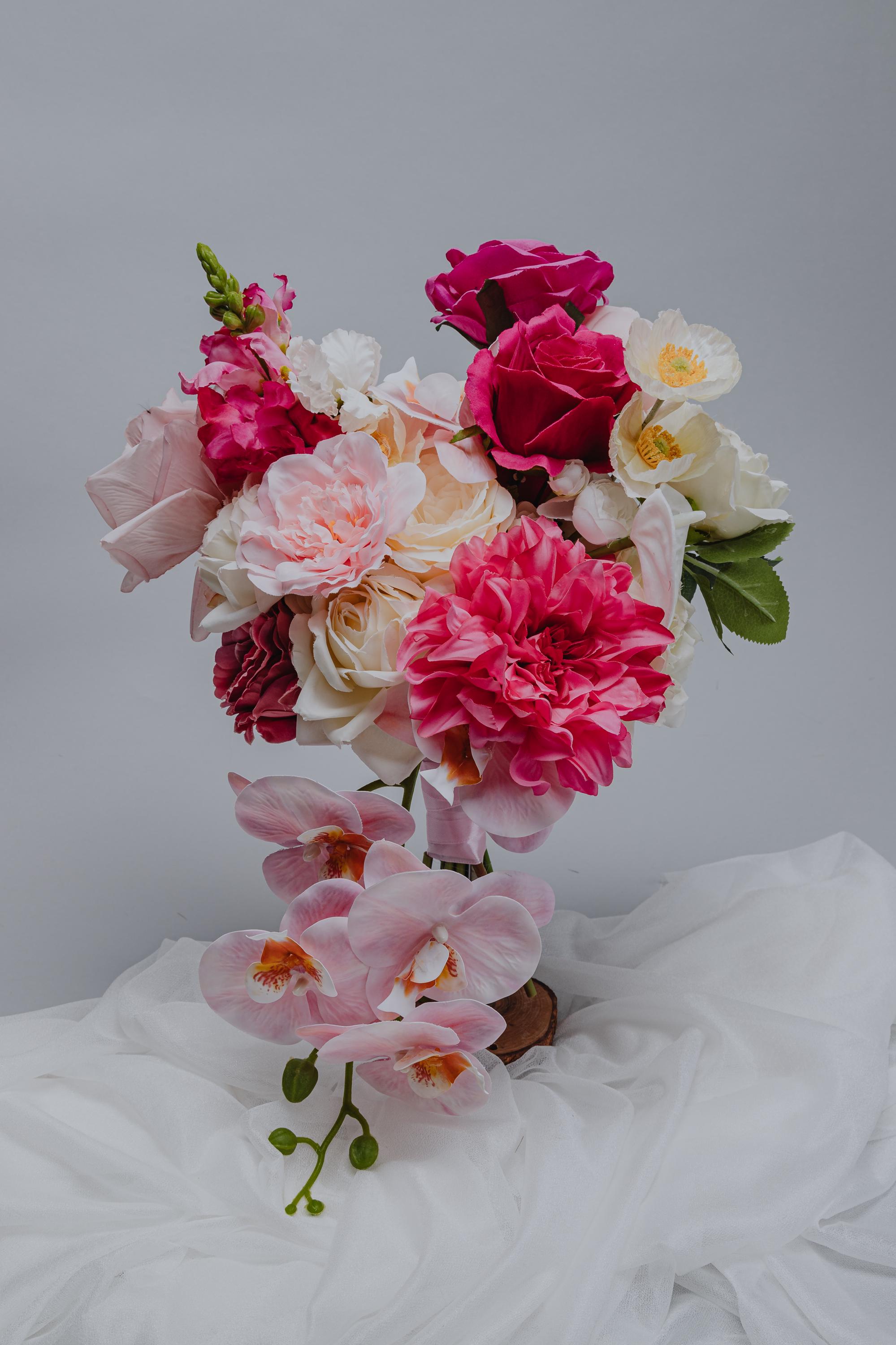 Colorful bridal bouquet Pink Orchid Rose Cascading Bridal Bouquet/Hot Pink, Blush,Cream Fuchsia Faux Wedding Flowers/Vibrant Summer bouquet