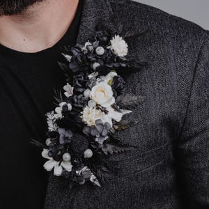 Black and White Oversized Shoulder Lapel pin/Flowers brooch lapel/Wearable men flowers/Groom flowers/corsage/Men accessories/Gothic wedding