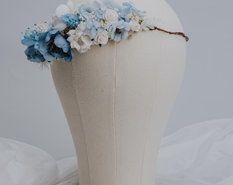 Dusty Blue Bridal Flower Crown/Blue and White Wedding Headpiece/Rustic Floral Headband/Boho Hair Wreath/Bridesmaid Flower Hair Accessory