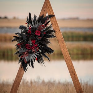 Gothic Wedding Floral Arch Arrangement/Black and Burgundy Wedding Arch Flowers/Faux Floral/Hellowen decor/Black wedding/Pampas/Wall decor