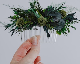 Dark Green Hair Comb, Woodland Wedding Hair Piece, Forest Bridal Comb, Green Floral Hair Accessory, Boho Wedding Hair Vine