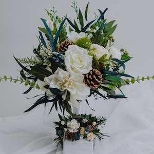 Winter Wedding Bouquet with Pinecones/White Roses Greenery/Rustic Christmas Bridal Bouquet/Artificial Winter Flowers/Woodland Wedding Decor
