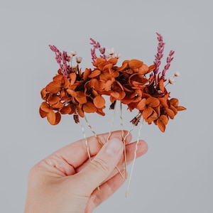 Terracotta Wedding dried flower hair pins/Burnt orange Hydrangea and lavander Boho hair accessories/Floral hair piece/Bridal hair clips/Fall