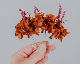 Terracotta Wedding dried flower hair pins/Burnt orange Hydrangea and lavander Boho hair accessories/Floral hair piece/Bridal hair clips/Fall