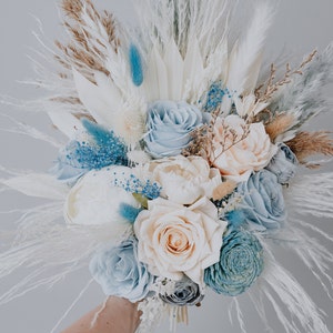 Baby pale blue and Ivory Silk Wedding Bouquet/Pampas Grass/Dried Florals/Perfect for Rustic/Boho and Elegant Bridal Themes/Dried bouquet/