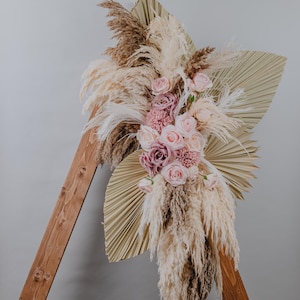 Boho Floral Wedding Arch/Pampas Grass Ceremony Backdrop/Salon Wall Decor/Event Floral Installation/Neutral Tones with Blush Roses/